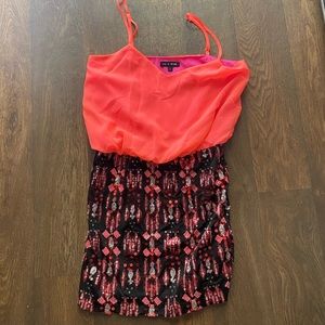 Coral and sequin cocktail mini dress